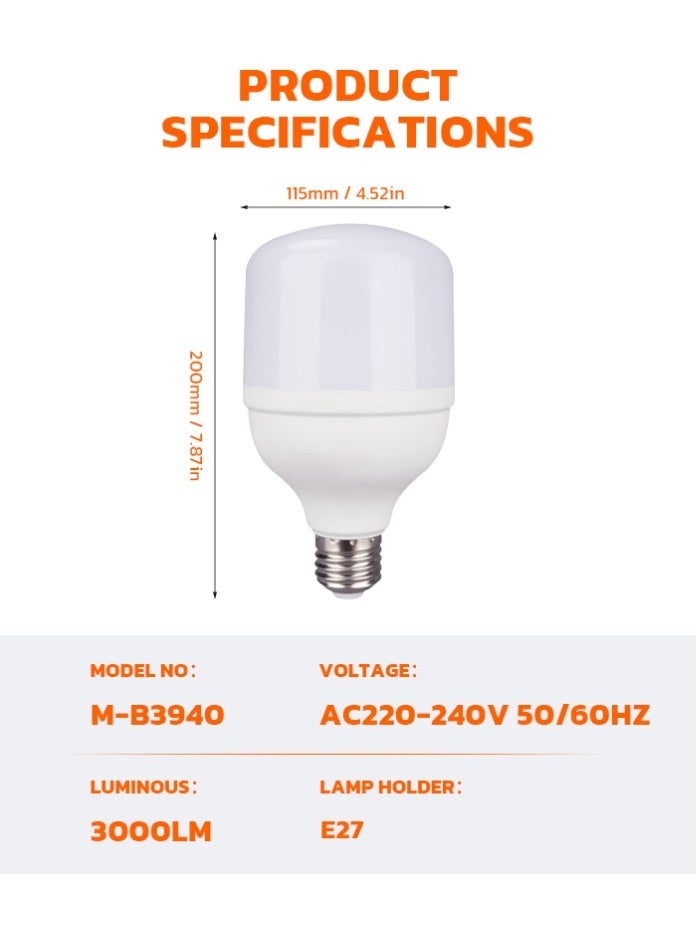 ماكس قطعتان من مصابيح LED عالية الطاقة M-B3940 على شكل حرف T - 3000 لومن، 6500 كلفن ضوء نهاري، قاعدة E27، للاستخدام الصناعي والتجاري - Image 3